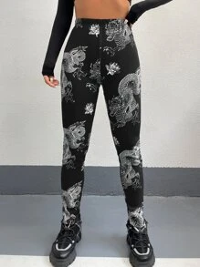 SHEIN ICON 中國龍印花緊身打底褲 - 黑與白 - 查看 3