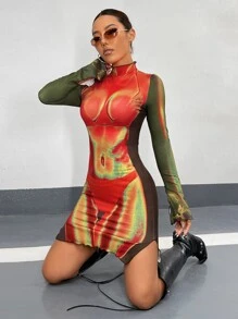 SHEIN ICON Body Heat Map Print Mock Neck Bodycon Dress - Multicolor - View 1