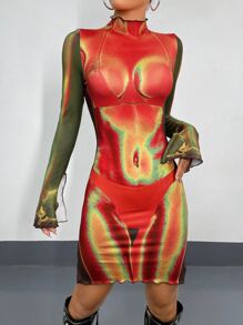 SHEIN ICON Body Heat Map Print Mock Neck Bodycon Dress - Multicolor - View 3