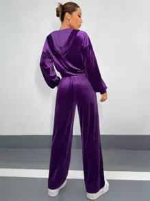 SHEIN ICON Rhinestone Letter Drop Shoulder Velvet Hoodie & Joggers - Violet Purple - View 2