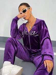 SHEIN ICON Rhinestone Letter Drop Shoulder Velvet Hoodie & Joggers - Violet Purple - View 4