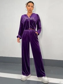 SHEIN ICON Rhinestone Letter Drop Shoulder Velvet Hoodie & Joggers - Violet Purple - View 5