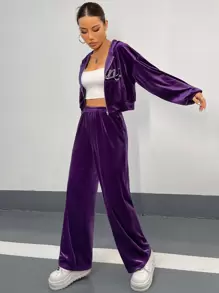 SHEIN ICON Rhinestone Letter Drop Shoulder Velvet Hoodie & Joggers - Violet Purple - View 6