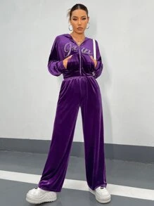 SHEIN ICON Rhinestone Letter Drop Shoulder Velvet Hoodie & Joggers - Violet Purple - View 7