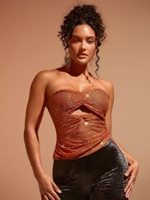 SHEIN BAE Ruched Twist Front Cutout Asymmetrical Hem Sequins Tube Top - Burnt Orange - View 1