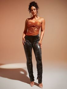 SHEIN BAE Ruched Twist Front Cutout Asymmetrical Hem Sequins Tube Top - Burnt Orange - View 3