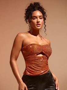 SHEIN BAE Ruched Twist Front Cutout Asymmetrical Hem Sequins Tube Top - Burnt Orange - View 6