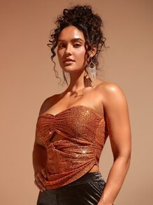 SHEIN BAE Ruched Twist Front Cutout Asymmetrical Hem Sequins Tube Top - Burnt Orange - View 7