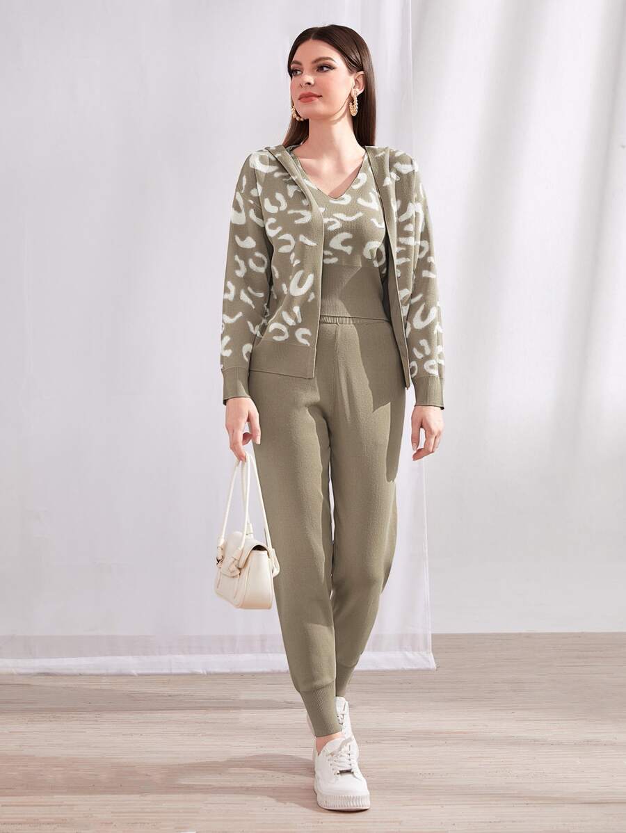 Mulvari 豹紋圖案開襟衫和毛衣背心和針織褲 - 卡其色 - 查看 1