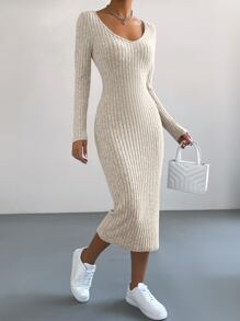 SHEIN Essnce Vestido ajustado tejido de canalé - Caqui - Ver 4