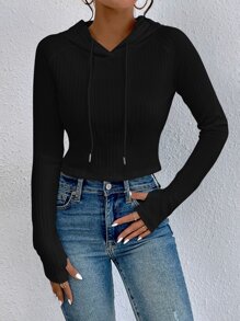 SHEIN Essnce 插肩袖抽繩連帽衫 - 黑色 - 查看 3