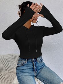 SHEIN Essnce 插肩袖抽繩連帽衫 - 黑色 - 查看 4