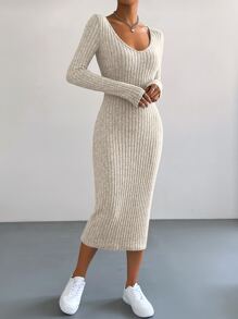 SHEIN Essnce Vestido ajustado tejido de canalé - Caqui - Ver 5
