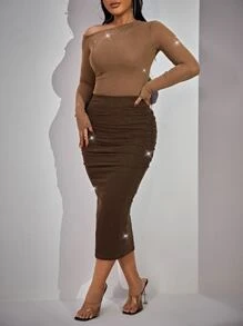 SHEIN SXY Asymmetrical Neck Top & Ruched Bodycon Skirt - Chocolate Brown - View 5