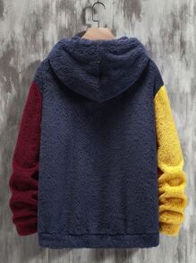 Manfinity 男士撞色袋鼠口袋抽繩毛絨帽衫 - 藏蓝色 - 查看 2