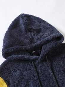 Manfinity 男士撞色袋鼠口袋抽繩毛絨帽衫 - 藏蓝色 - 查看 5