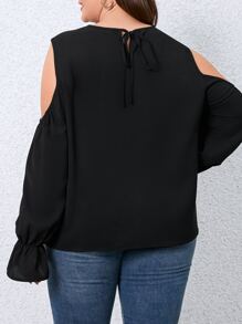 Plus Cold Shoulder Contrast Lace Flounce Sleeve Blouse - Black - View 2