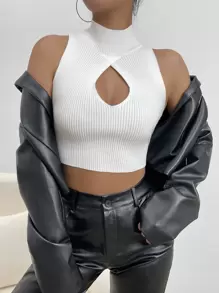 SHEIN BAE 前鏤空小高領針織短上衣 - 白色 - 查看 5