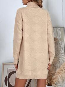 Turtleneck Drop Shoulder Sweater Dress Without Belt - Apricot - View 2