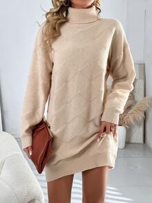 Turtleneck Drop Shoulder Sweater Dress Without Belt - Apricot - View 4