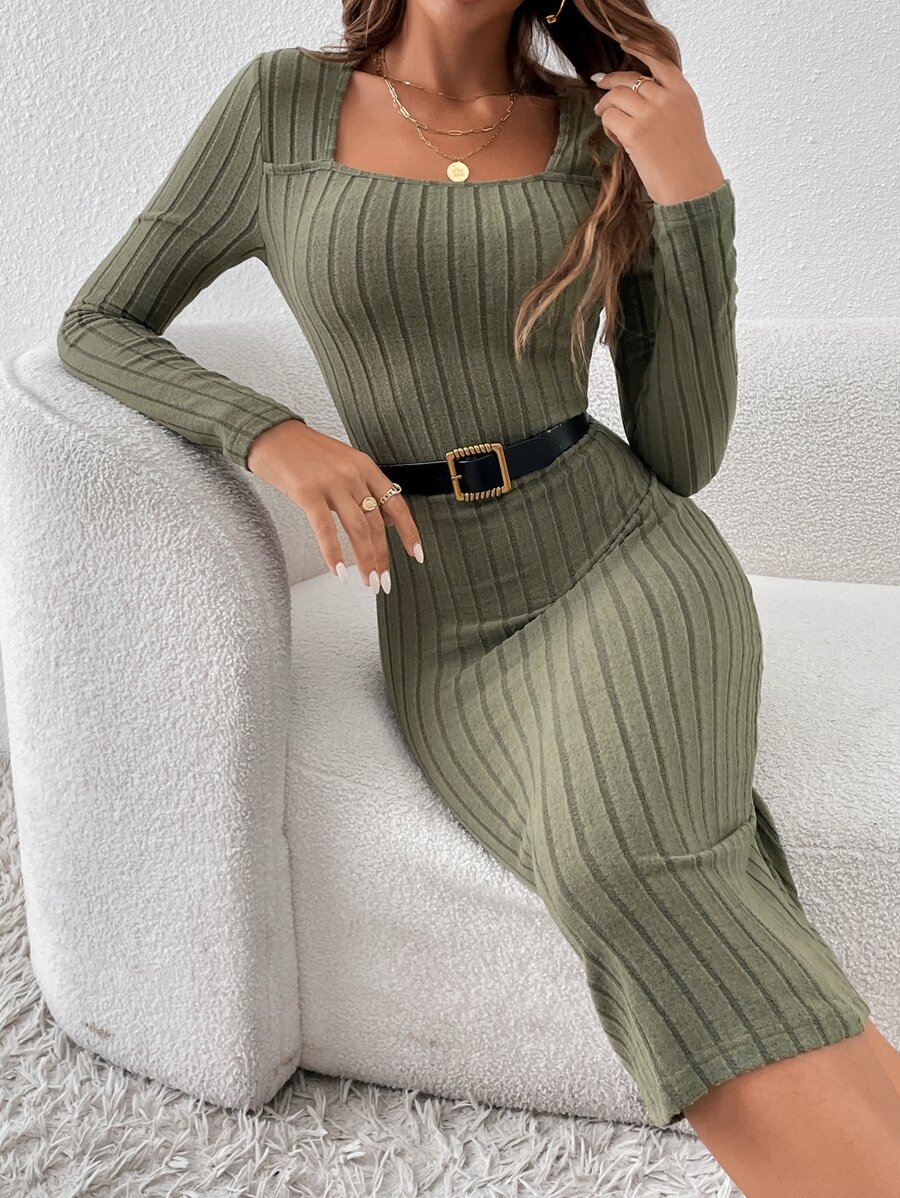 SHEIN Essnce Square Neck Bodycon Dress Without Belt - Army Green - View 1