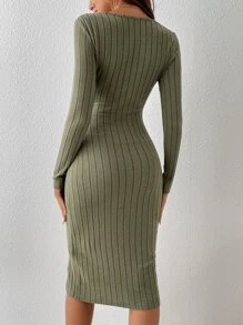 SHEIN Essnce Square Neck Bodycon Dress Without Belt - Army Green - View 2