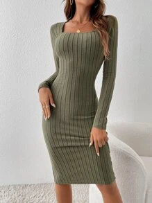 SHEIN Essnce Square Neck Bodycon Dress Without Belt - Army Green - View 3