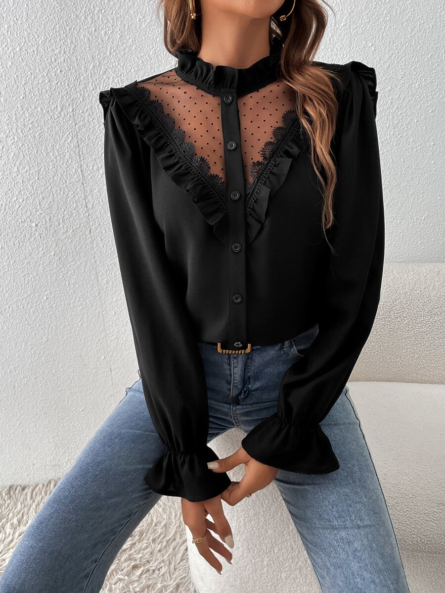 SHEIN Frenchy 对比色多臂织黑色衬衫网眼荷叶边袖子荷叶边饰边衬衫，长袖上衣 - 黑色 - 查看 1