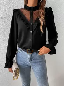 SHEIN Frenchy 对比色多臂织黑色衬衫网眼荷叶边袖子荷叶边饰边衬衫，长袖上衣 - 黑色 - 查看 3