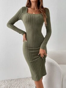 SHEIN Essnce Square Neck Bodycon Dress Without Belt - Army Green - View 6