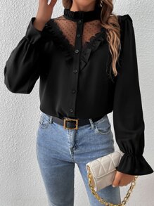 SHEIN Frenchy 对比色多臂织黑色衬衫网眼荷叶边袖子荷叶边饰边衬衫，长袖上衣 - 黑色 - 查看 4