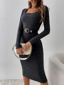 SHEIN Frenchy 方領緊身連衣裙不附腰帶 - 黑色 - 查看 4