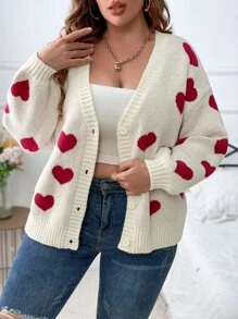 SHEIN Franclia Plus Heart Pattern Drop Shoulder Cardigan - Apricot - View 4