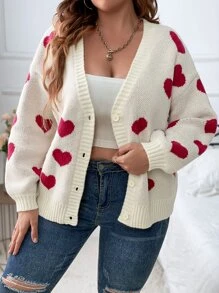 SHEIN Franclia Plus Heart Pattern Drop Shoulder Cardigan - Apricot - View 5