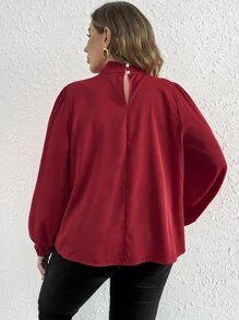 SHEIN Privé Plus Twist Front Lantern Sleeve Red Elegant Blouse - Red - View 2