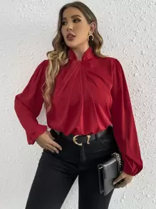 SHEIN Privé Plus Twist Front Lantern Sleeve Red Elegant Blouse - Red - View 3