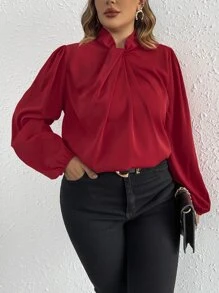 SHEIN Privé Plus Twist Front Lantern Sleeve Red Elegant Blouse - Red - View 6