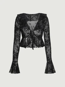 SHEIN MOD Floral Flocked Mesh Tie Front Top - Black - View 2