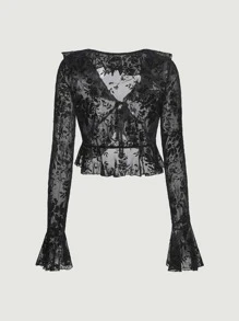 SHEIN MOD Floral Flocked Mesh Tie Front Top - Black - View 5