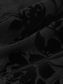 SHEIN MOD Floral Flocked Mesh Tie Front Top - Black - View 4