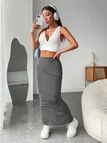SHEIN EZwear Váy nữ Xù nhỏ màu trơn Giải trí - Xám - Xem 4