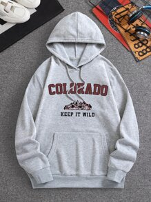 男士字母圖案袋鼠口袋抽繩保暖連帽衫 - 灰色 - 查看 1