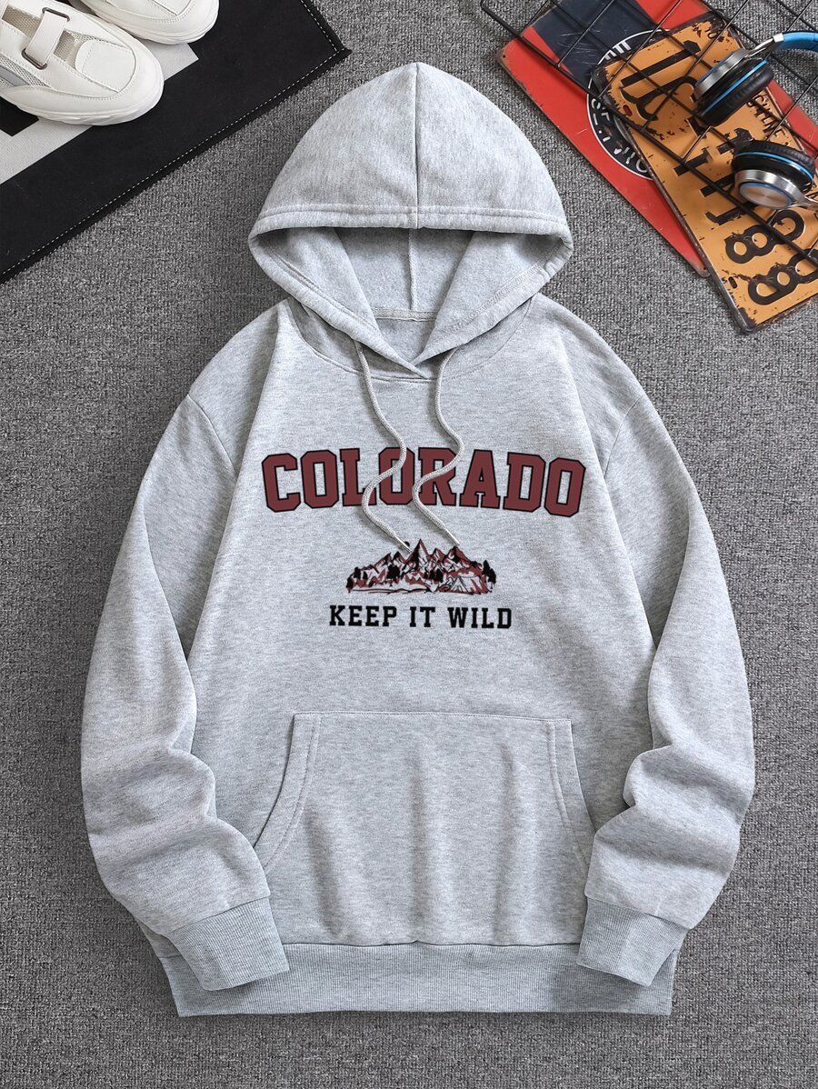 男士字母圖案袋鼠口袋抽繩保暖連帽衫 - 灰色 - 查看 1