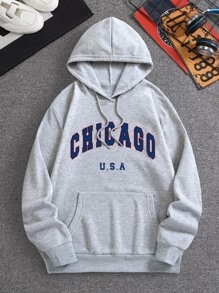 Hombres Capucha térmica con estampado de letra con bolsillo de canguro con cordón - Gris Claro - Ver 1