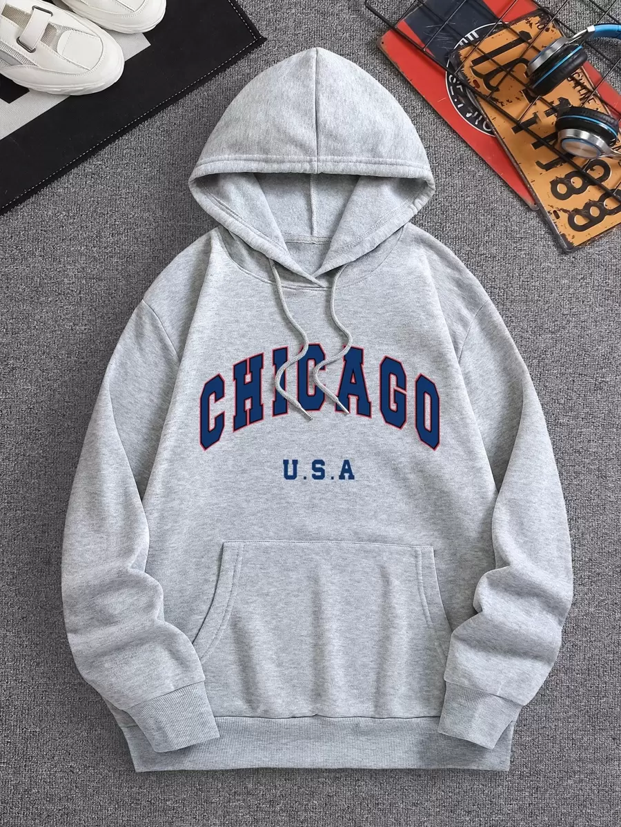 Hombres Capucha térmica con estampado de letra con bolsillo de canguro con cordón - Gris Claro - Ver 1