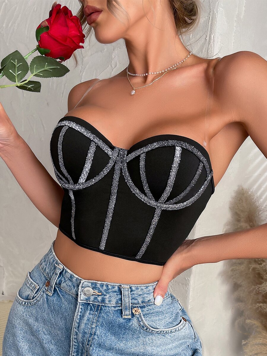 Women's Black Strapless Contrast Lace Bustier Crop Top Gorgeous Fantasy Style - Black - View 1