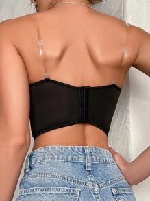 Women's Black Strapless Contrast Lace Bustier Crop Top Gorgeous Fantasy Style - Black - View 2