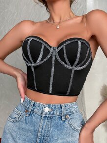 Women's Black Strapless Contrast Lace Bustier Crop Top Gorgeous Fantasy Style - Black - View 5