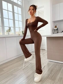 SHEIN EZwear Square Neck Flare Leg Jumpsuit