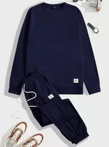 GENTILAND Men Patched Detail Pullover & Drawstring Waist Joggers - Navy Blue - View 1